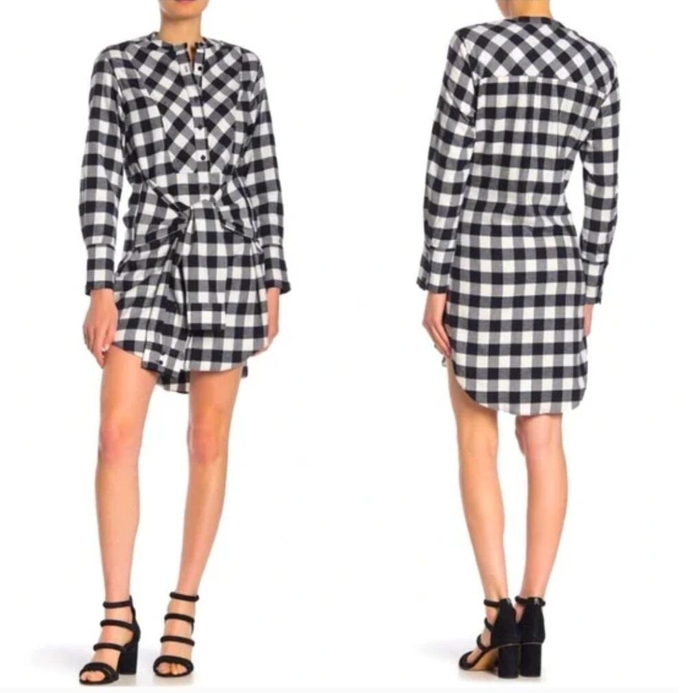Derek Lam 10 Crosby Shirtdress Flannel Plaid Tie Waist Mini Dress Black White 8